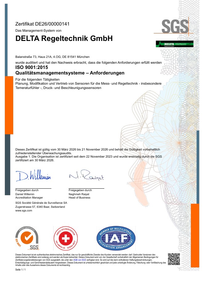 ISO 9001:2015 Zertifikat von DELTA Regeltechnik GmbH (Deutsch)