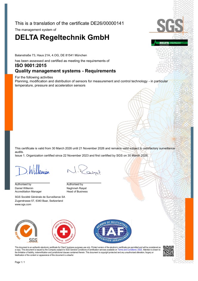 ISO 9001:2015 Zertifikat von DELTA Regeltechnik GmbH (Englisch)