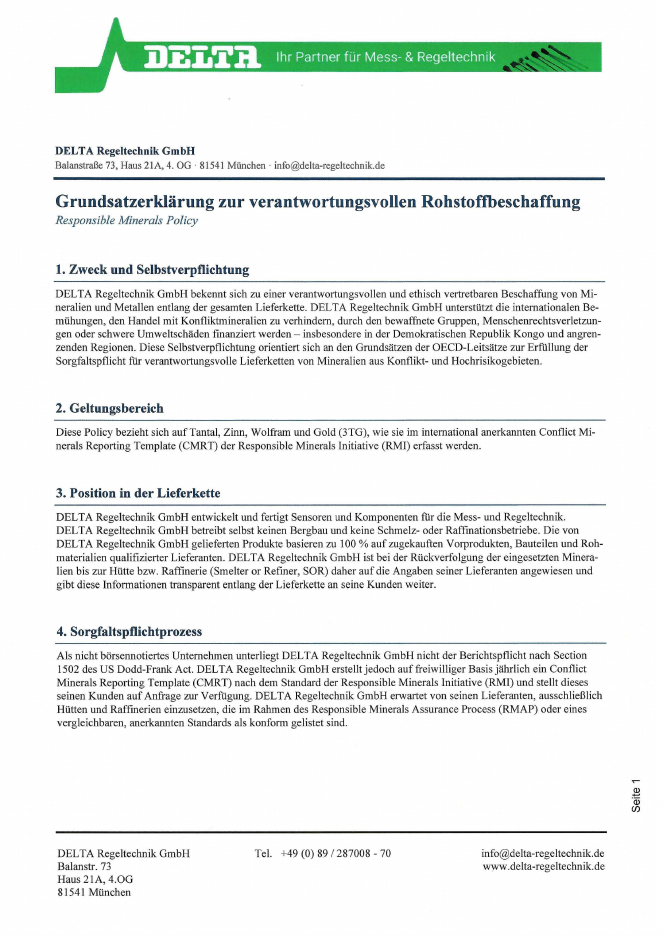 Vorschau der Responsible Minerals Policy von DELTA Regeltechnik GmbH; PDF auf Deutsch und Englisch